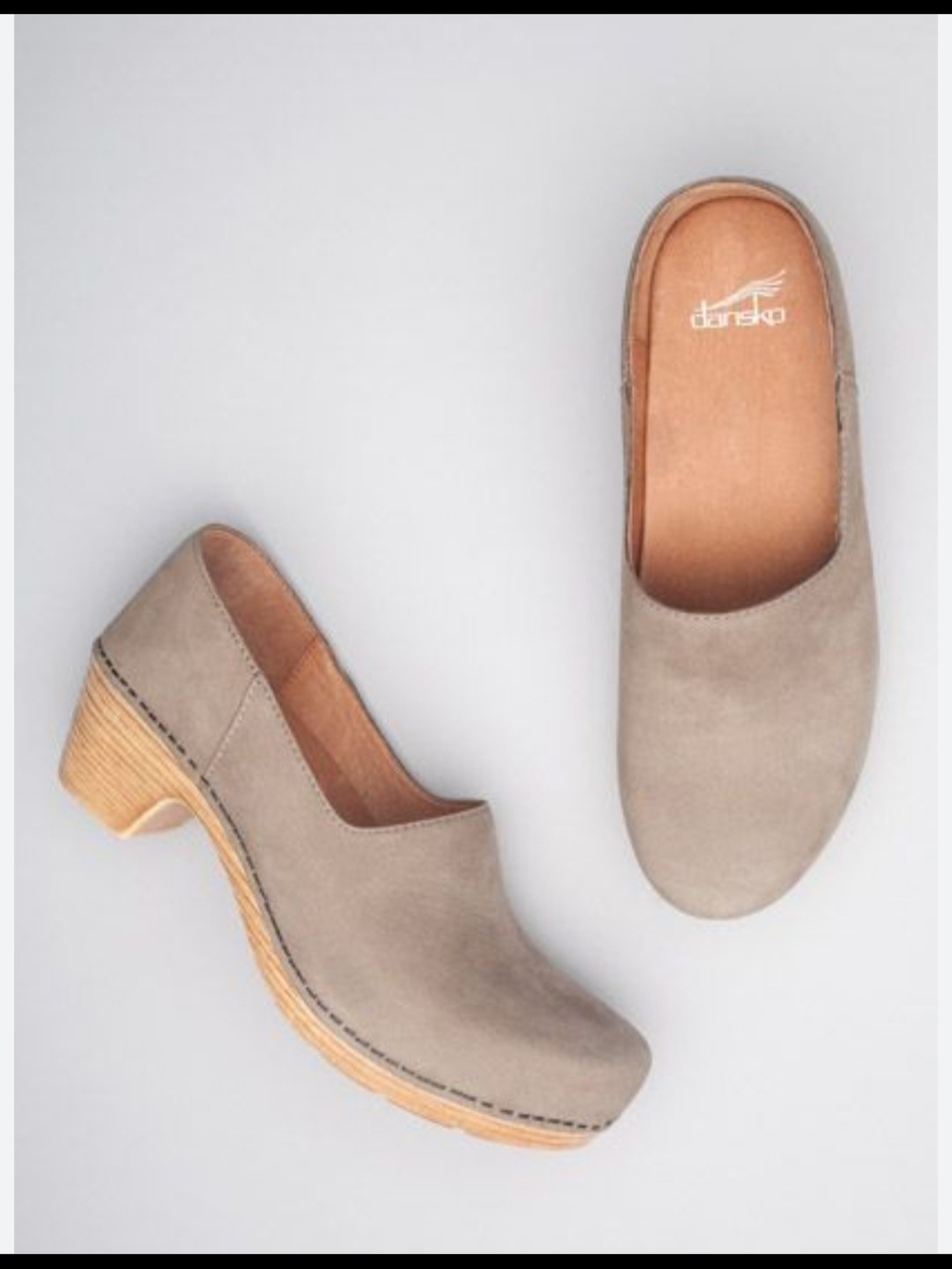 Dansko Marisol  Taupe Suede Slip-On Clog with Wood-Effect Heel 39